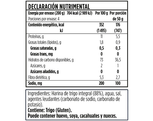 Información Nutricional - Fideos Integral